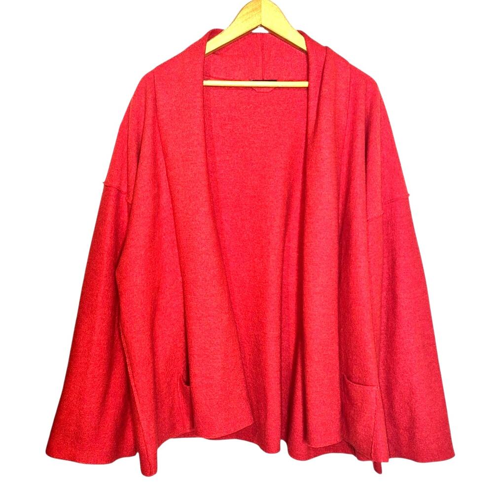 Eileen Fisher Open-Front Merino Wool Shawl Collar Cardigan Sweater Jacket Orang